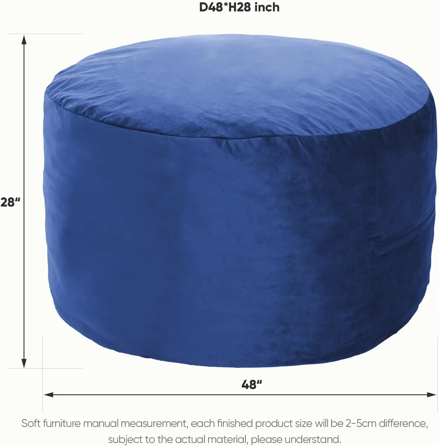 Bean Bag Chair 4Ft, Memory Foam Filled, Removable Velvet Cover, Giant Bean Bag Chairs for Adults and Teens, Round Sofa Chair for Living Room, Bedroom and Gaming Room, Navy Blue