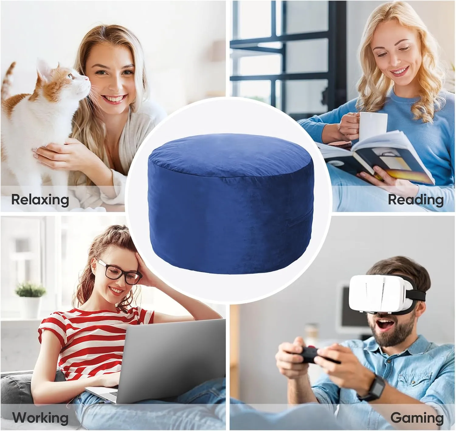 Bean Bag Chair 4Ft, Memory Foam Filled, Removable Velvet Cover, Giant Bean Bag Chairs for Adults and Teens, Round Sofa Chair for Living Room, Bedroom and Gaming Room, Navy Blue