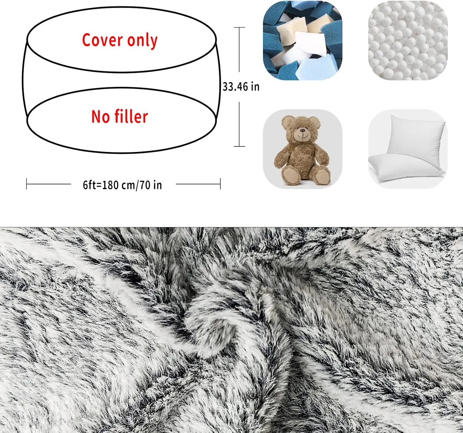 Bean Bag Chair Cover Without Filler,Big Round Soft Fluffy PV Velvet Washable Bean Bag Lazy Sofa Bed Cover for Adults,Living Room Bedroom Furniture Outside,6ft snow grey(No Filler)