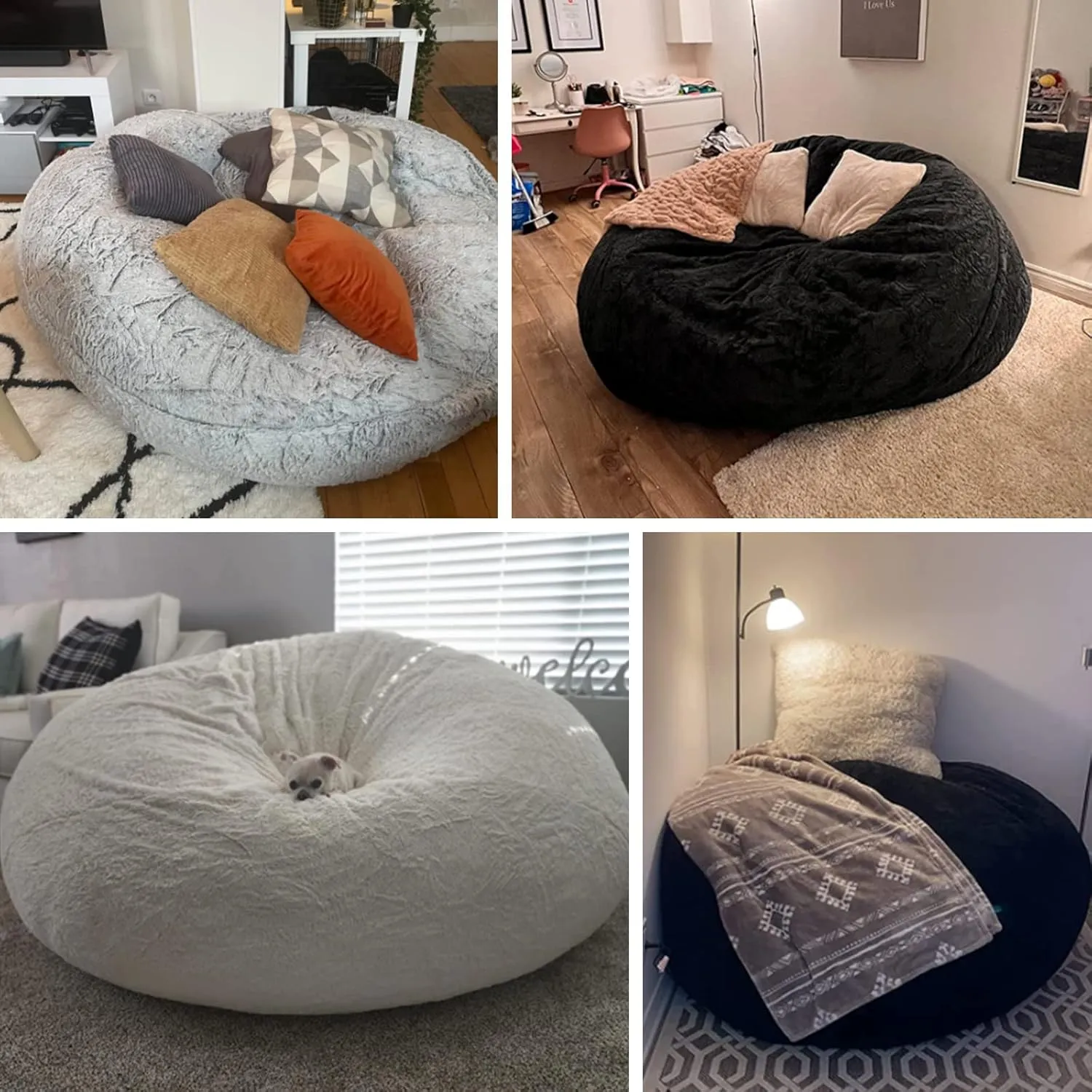 Bean Bag Chair Cover Without Filler,Big Round Soft Fluffy PV Velvet Washable Bean Bag Lazy Sofa Bed Cover for Adults,Living Room Bedroom Furniture Outside,6ft snow grey(No Filler)