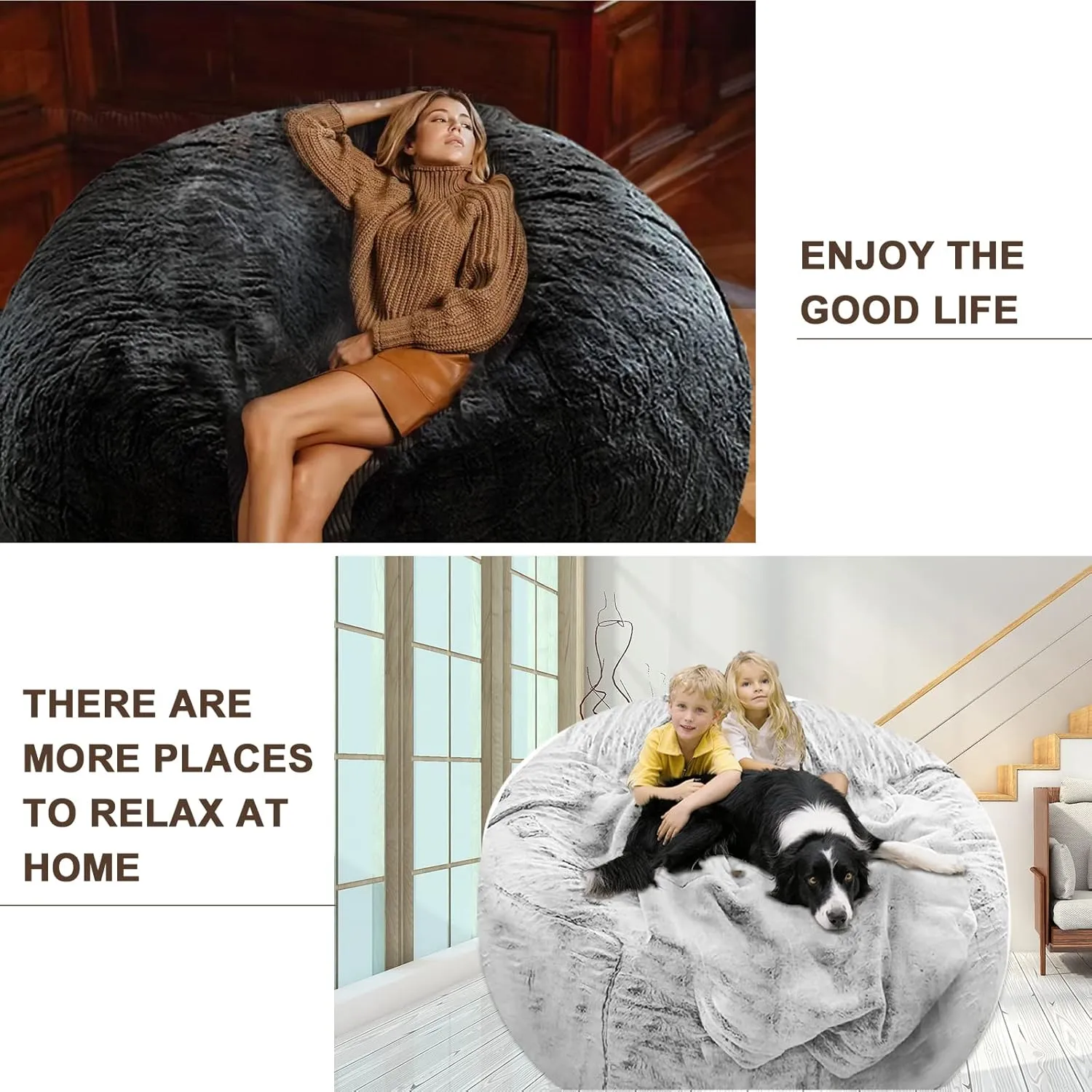 Bean Bag Chair Cover Without Filler,Big Round Soft Fluffy PV Velvet Washable Bean Bag Lazy Sofa Bed Cover for Adults,Living Room Bedroom Furniture Outside,6ft snow grey(No Filler)