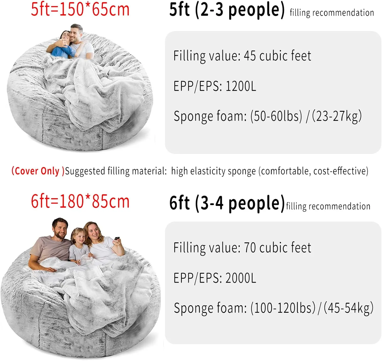 Bean Bag Chair Cover Without Filler,Big Round Soft Fluffy PV Velvet Washable Bean Bag Lazy Sofa Bed Cover for Adults,Living Room Bedroom Furniture Outside,6ft snow grey(No Filler)