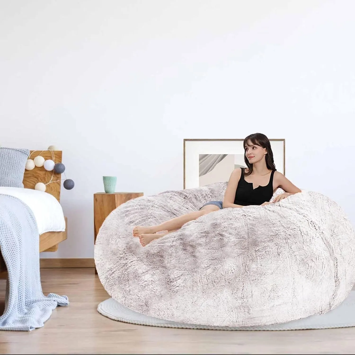 Bean Bag Chair for Adults Kids Without Filling Comfy Fluffy Giant Round Beanbag Lazy Sofa Cover for Reading Chair Floor Chair, 6FT, Black