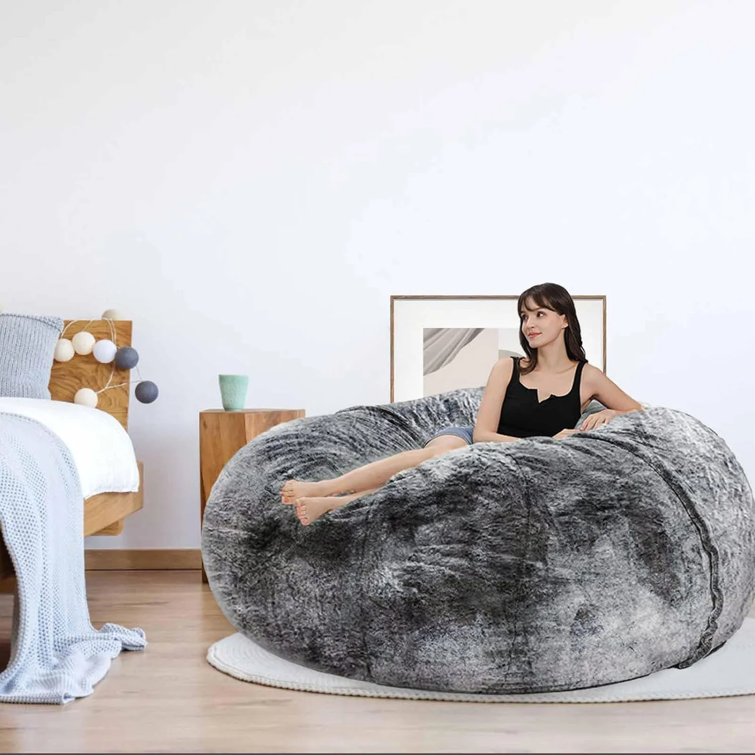 Bean Bag Chair for Adults Kids Without Filling Comfy Fluffy Giant Round Beanbag Lazy Sofa Cover for Reading Chair Floor Chair, 6FT, Black