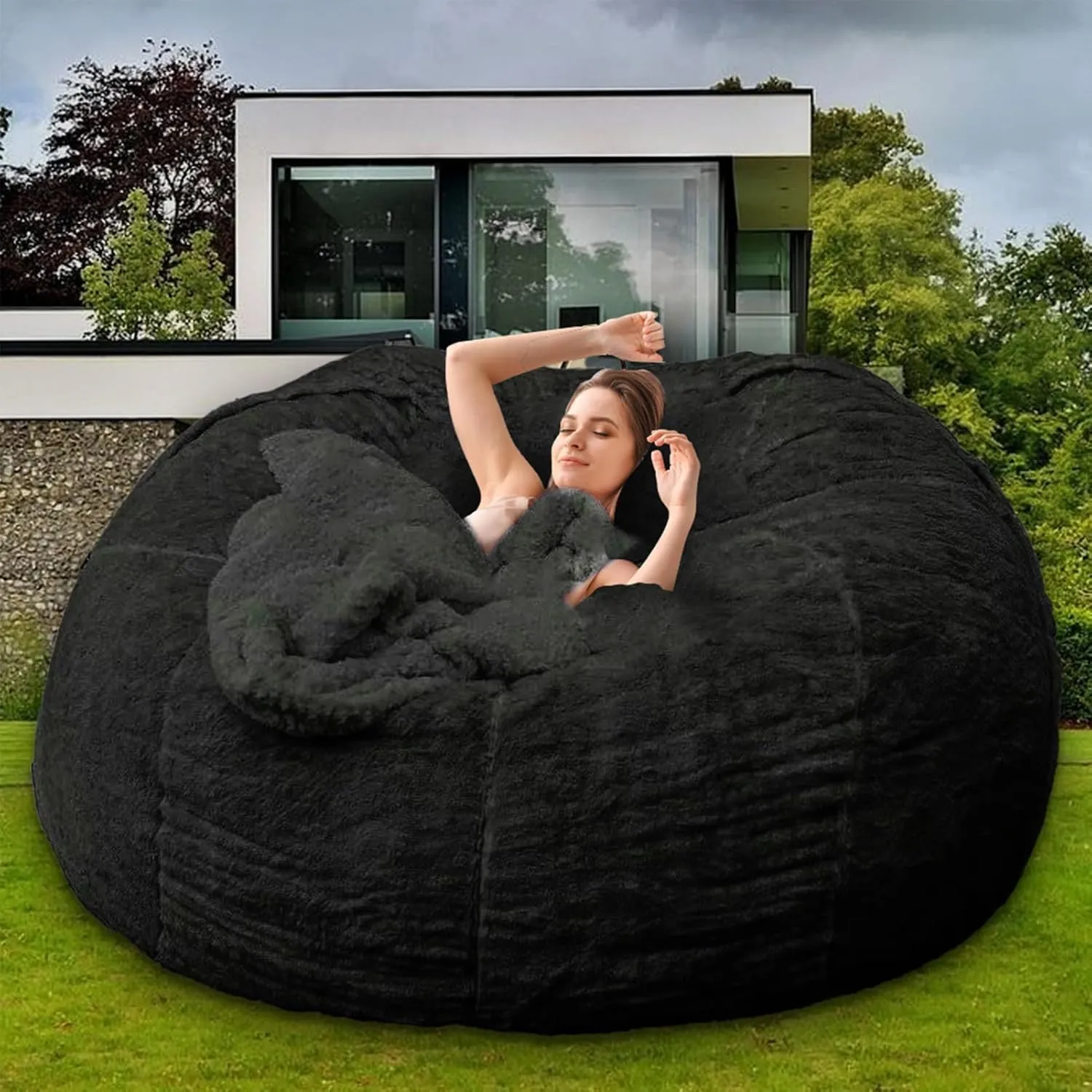 Bean Bag Chair for Adults Kids Without Filling Comfy Fluffy Giant Round Beanbag Lazy Sofa Cover for Reading Chair Floor Chair, 6FT, Black