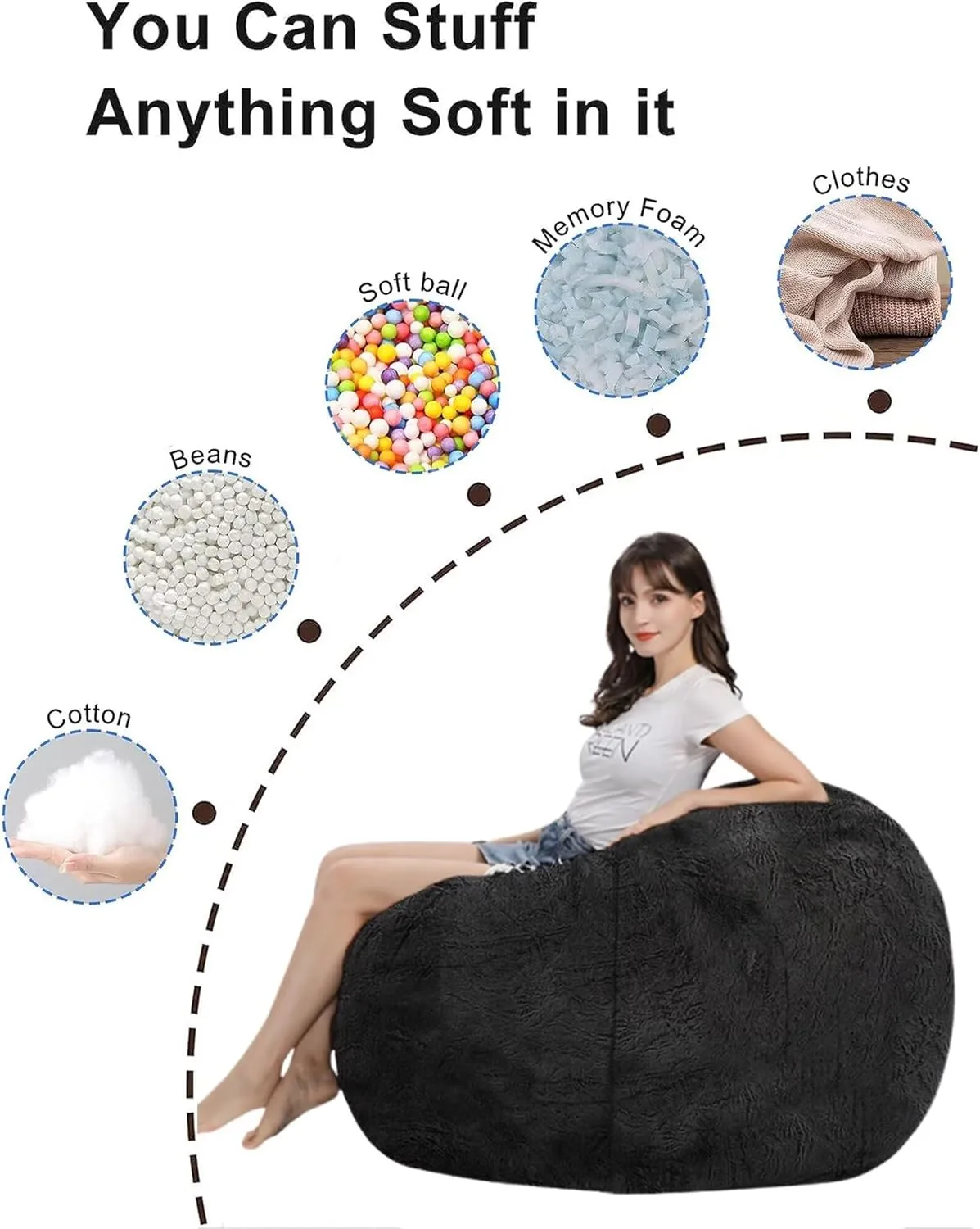 Bean Bag Chair for Adults Kids Without Filling Comfy Fluffy Giant Round Beanbag Lazy Sofa Cover for Reading Chair Floor Chair, 6FT, Black