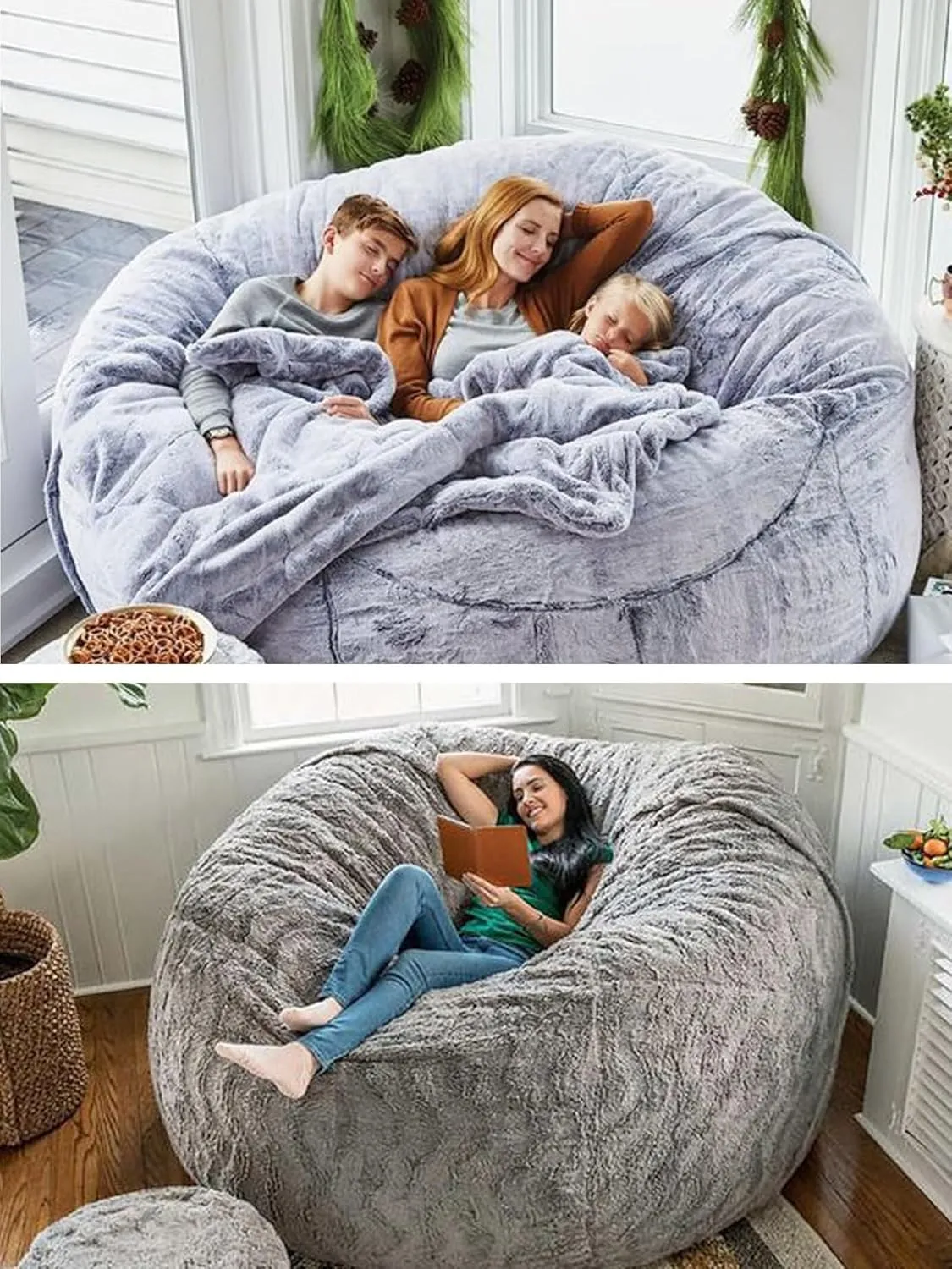 Bean Bag Chair for Adults Kids Without Filling Comfy Fluffy Giant Round Beanbag Lazy Sofa Cover for Reading Chair Floor Chair, 6FT, Black
