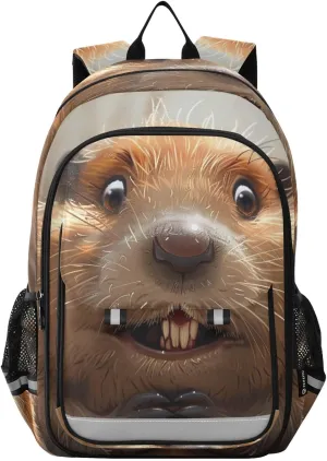 Beaver Closeup Water Backpack for Women Men Travel Laptop Daypack Shoulder Bag Book Bag Daypack with Reflective Strip 12.9” × 17.7”