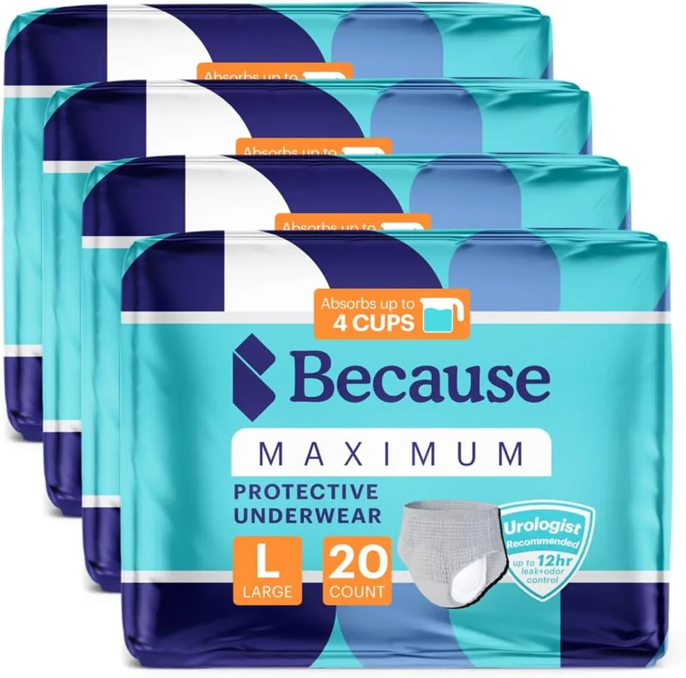 Because Maximum Incontinence Underwear for Men - Heavy Bladder Leak Protection, Ideal for Overnight Leakage, Sleek, Invisible Fit, Grey, Large - Absorbs 4 Cups - 80 Count (4 Packs of 20)