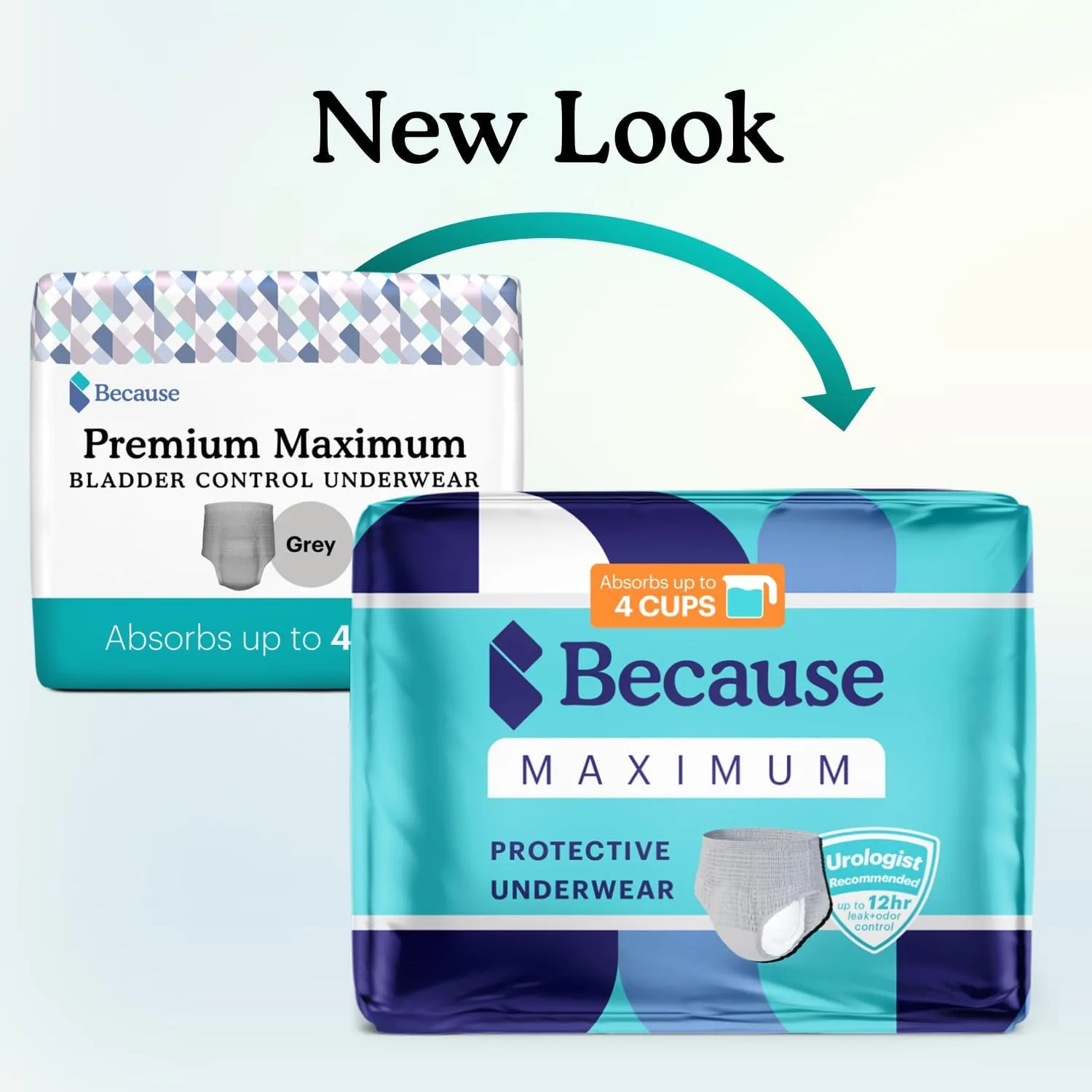 Because Maximum Incontinence Underwear for Men - Heavy Bladder Leak Protection, Ideal for Overnight Leakage, Sleek, Invisible Fit, Grey, Large - Absorbs 4 Cups - 80 Count (4 Packs of 20)