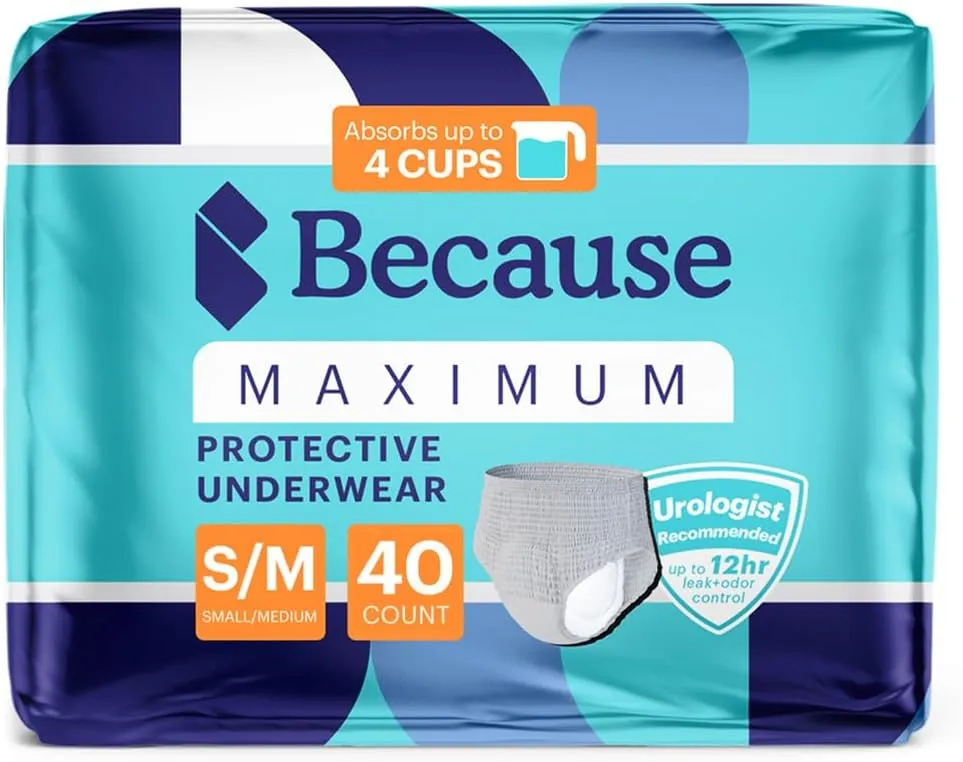 Because Maximum Incontinence Underwear for Men - Heavy Bladder Leak Protection, Ideal for Overnight Leakage, Sleek, Invisible Fit, Grey, Small/Medium -Absorbs 4 Cups - 40 Count (2 Packs of 20)