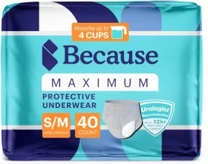 Because Maximum Incontinence Underwear for Men - Heavy Bladder Leak Protection, Ideal for Overnight Leakage, Sleek, Invisible Fit, Grey, Small/Medium -Absorbs 4 Cups - 40 Count (2 Packs of 20)