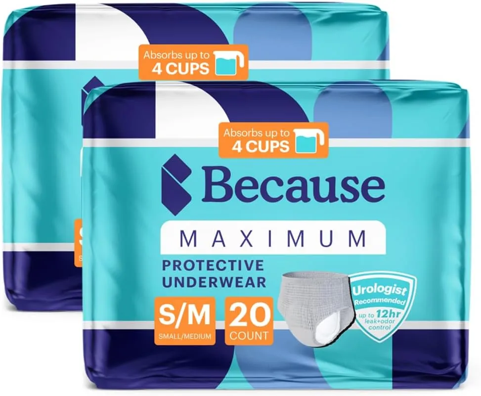 Because Maximum Incontinence Underwear for Men - Heavy Bladder Leak Protection, Ideal for Overnight Leakage, Sleek, Invisible Fit, Grey, Small/Medium -Absorbs 4 Cups - 40 Count (2 Packs of 20)