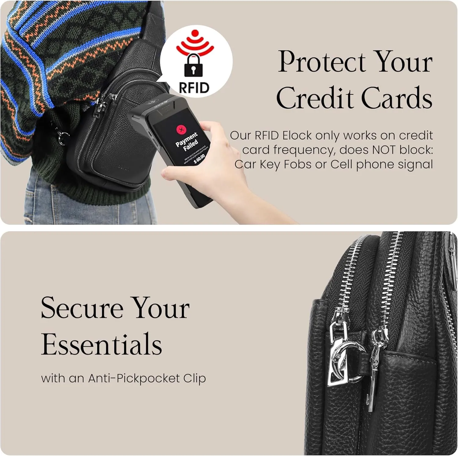 befen Genuine Leather Small Sling Bag for Women Anti-Theft Crossbody Chest Bags Fanny Packs for Travel with RFID Card Slots