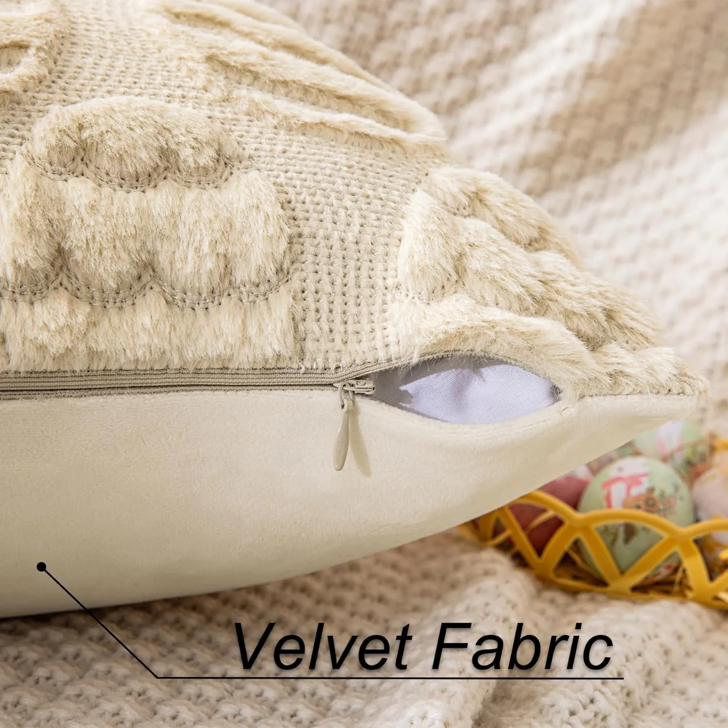 Beige Easter Egg Faux Wool Throw Pillow Covers 18x18 Inches Set of 2 Soft Fuzzy Velvet Spring Pillow Covers Embroidered Holiday Accent Pillowcases for Bedroom Decor