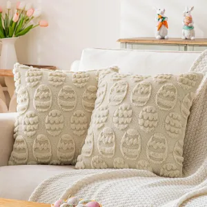 Beige Easter Egg Faux Wool Throw Pillow Covers 18x18 Inches Set of 2 Soft Fuzzy Velvet Spring Pillow Covers Embroidered Holiday Accent Pillowcases for Bedroom Decor