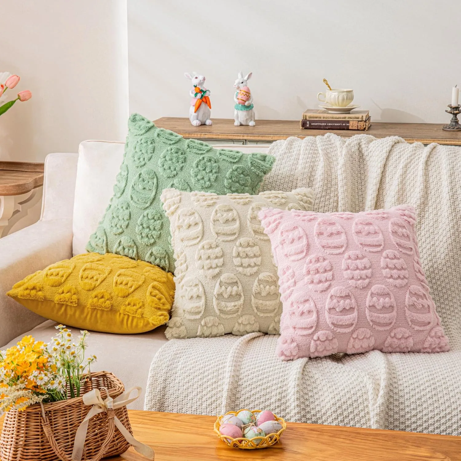 Beige Easter Egg Faux Wool Throw Pillow Covers 18x18 Inches Set of 2 Soft Fuzzy Velvet Spring Pillow Covers Embroidered Holiday Accent Pillowcases for Bedroom Decor