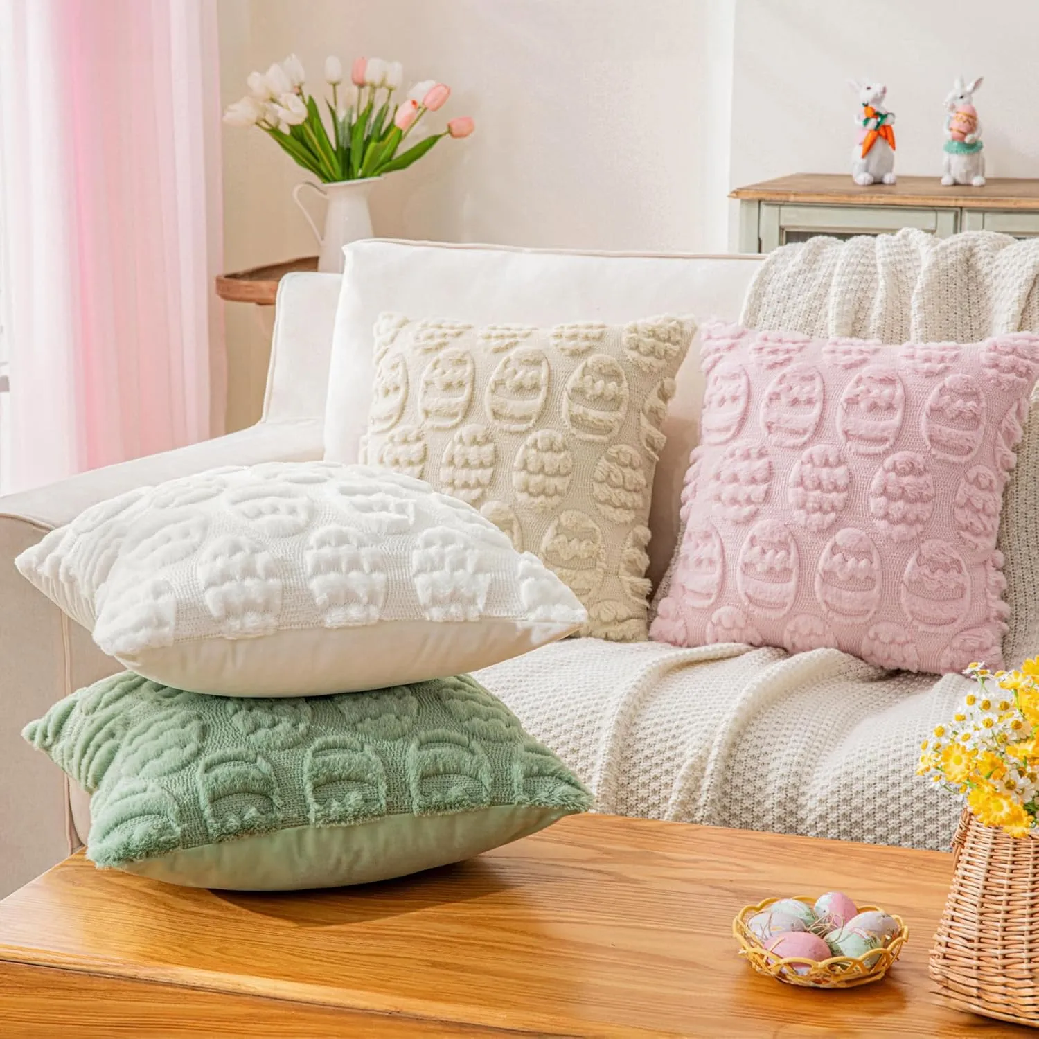 Beige Easter Egg Faux Wool Throw Pillow Covers 18x18 Inches Set of 2 Soft Fuzzy Velvet Spring Pillow Covers Embroidered Holiday Accent Pillowcases for Bedroom Decor