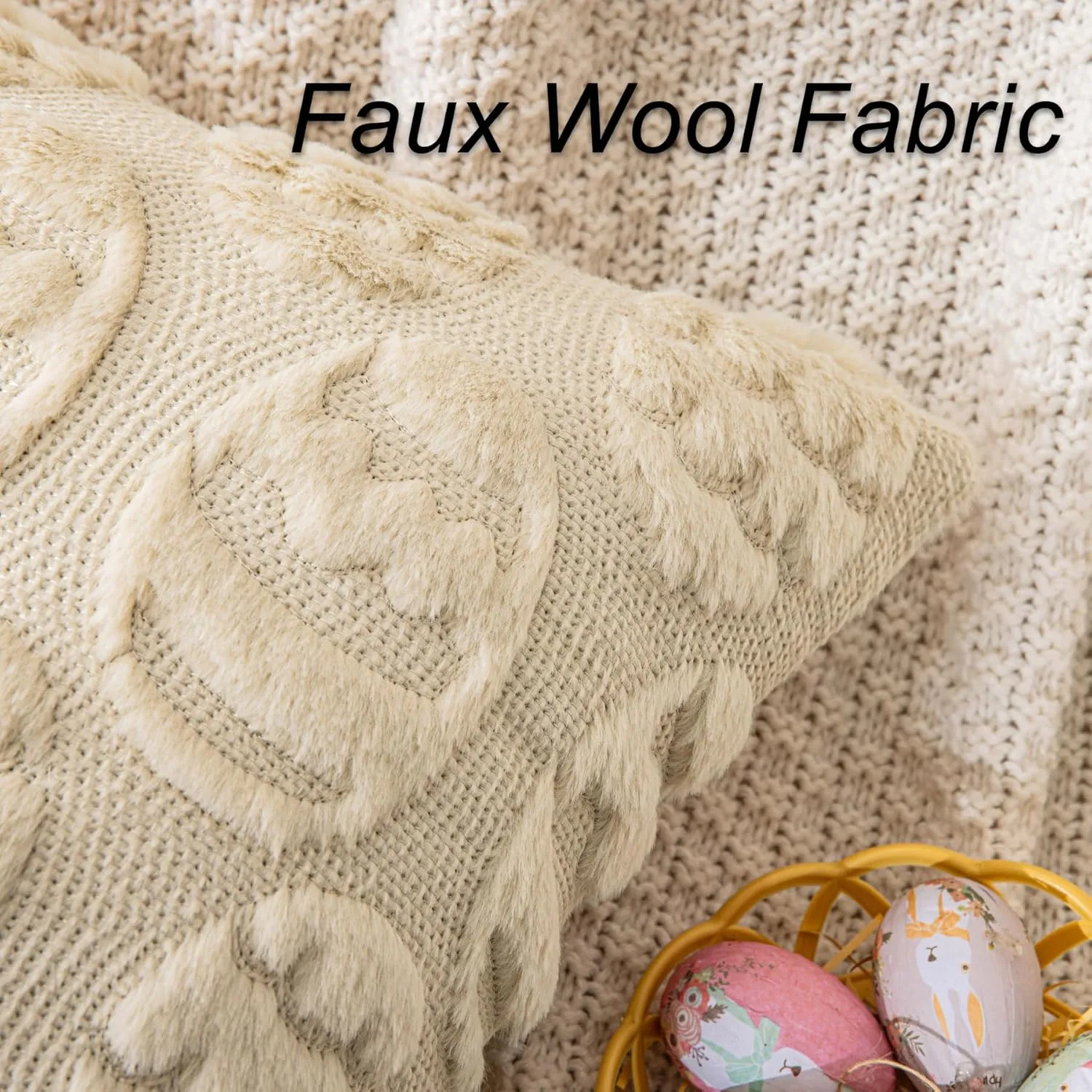 Beige Easter Egg Faux Wool Throw Pillow Covers 18x18 Inches Set of 2 Soft Fuzzy Velvet Spring Pillow Covers Embroidered Holiday Accent Pillowcases for Bedroom Decor