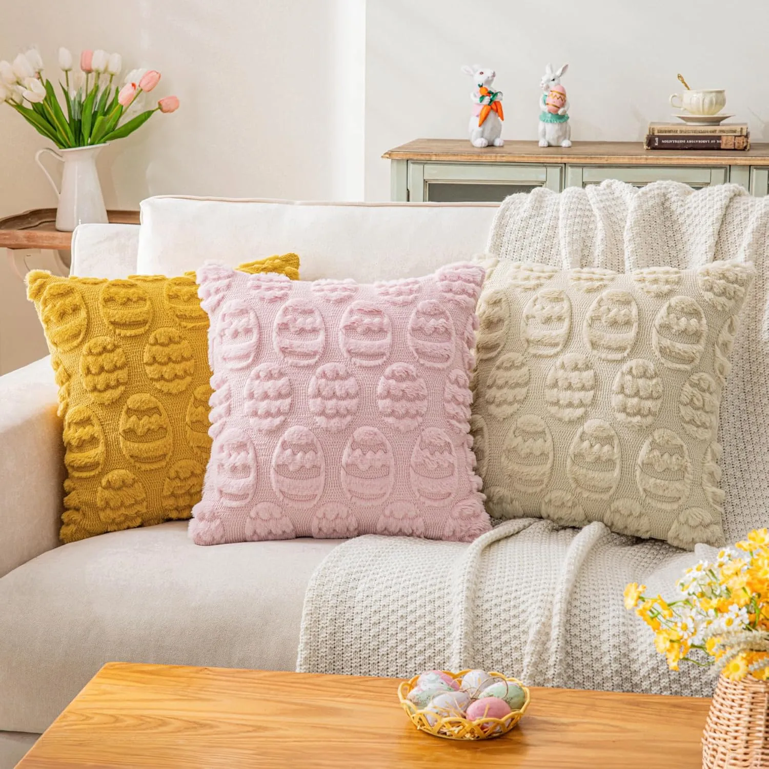 Beige Easter Egg Faux Wool Throw Pillow Covers 18x18 Inches Set of 2 Soft Fuzzy Velvet Spring Pillow Covers Embroidered Holiday Accent Pillowcases for Bedroom Decor