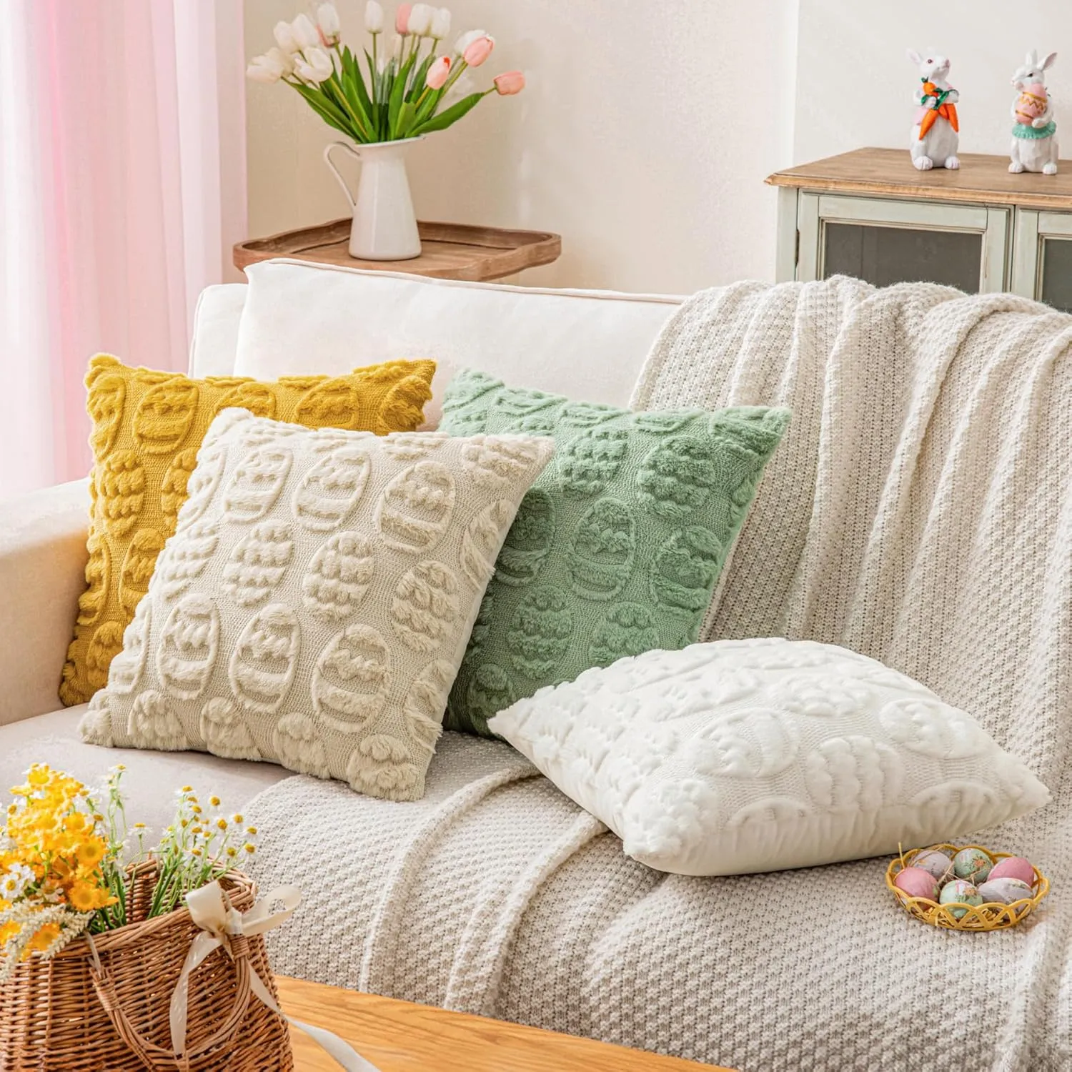 Beige Easter Egg Faux Wool Throw Pillow Covers 18x18 Inches Set of 2 Soft Fuzzy Velvet Spring Pillow Covers Embroidered Holiday Accent Pillowcases for Bedroom Decor