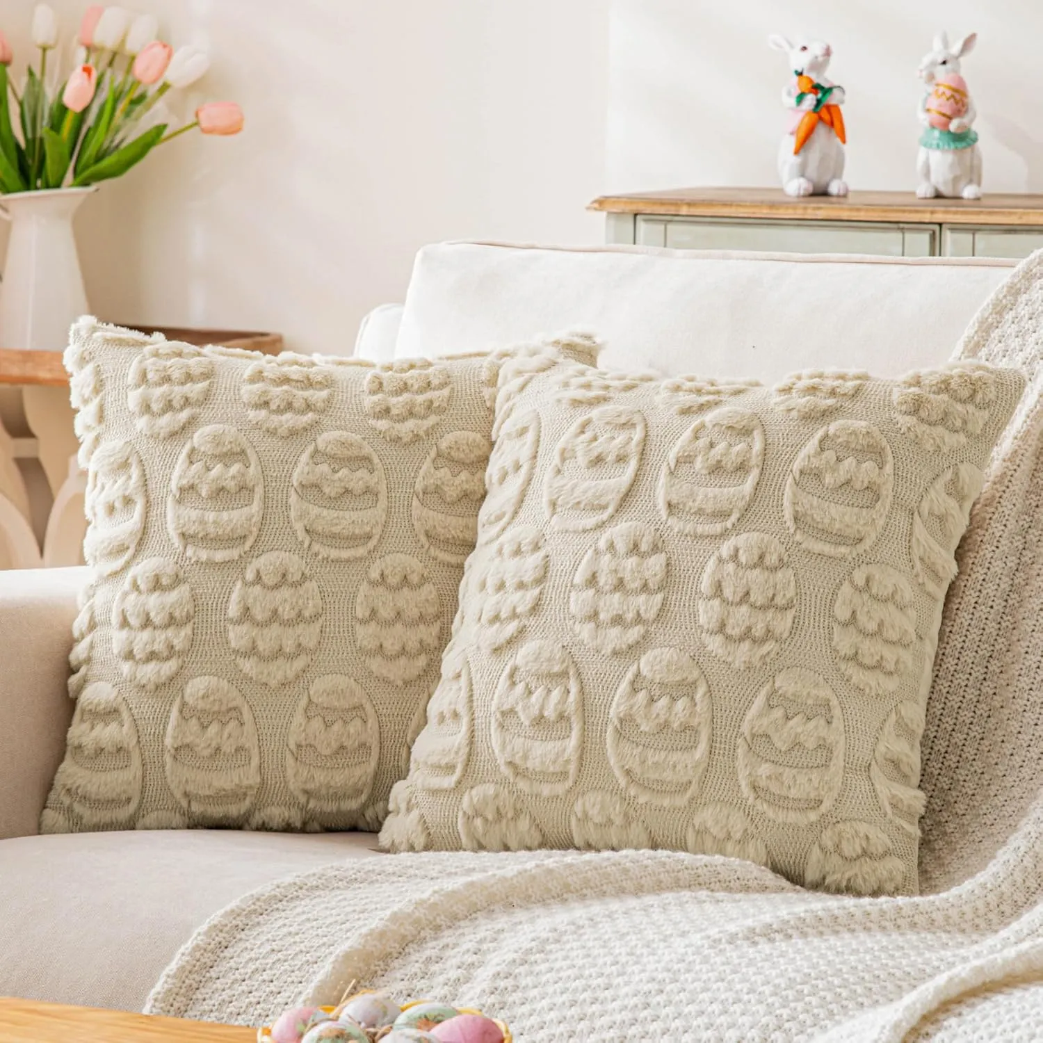 Beige Easter Egg Faux Wool Throw Pillow Covers 18x18 Inches Set of 2 Soft Fuzzy Velvet Spring Pillow Covers Embroidered Holiday Accent Pillowcases for Bedroom Decor