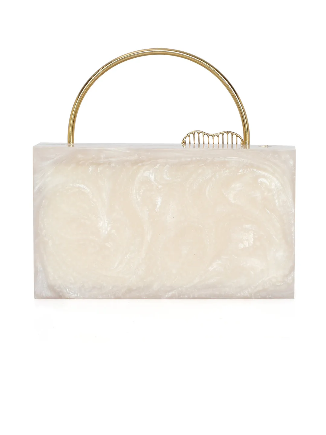 Beige Solid Party Box Clutches With Attractive Brass Handle