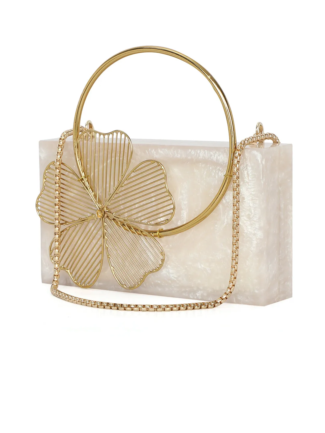 Beige Solid Party Box Clutches With Attractive Brass Handle