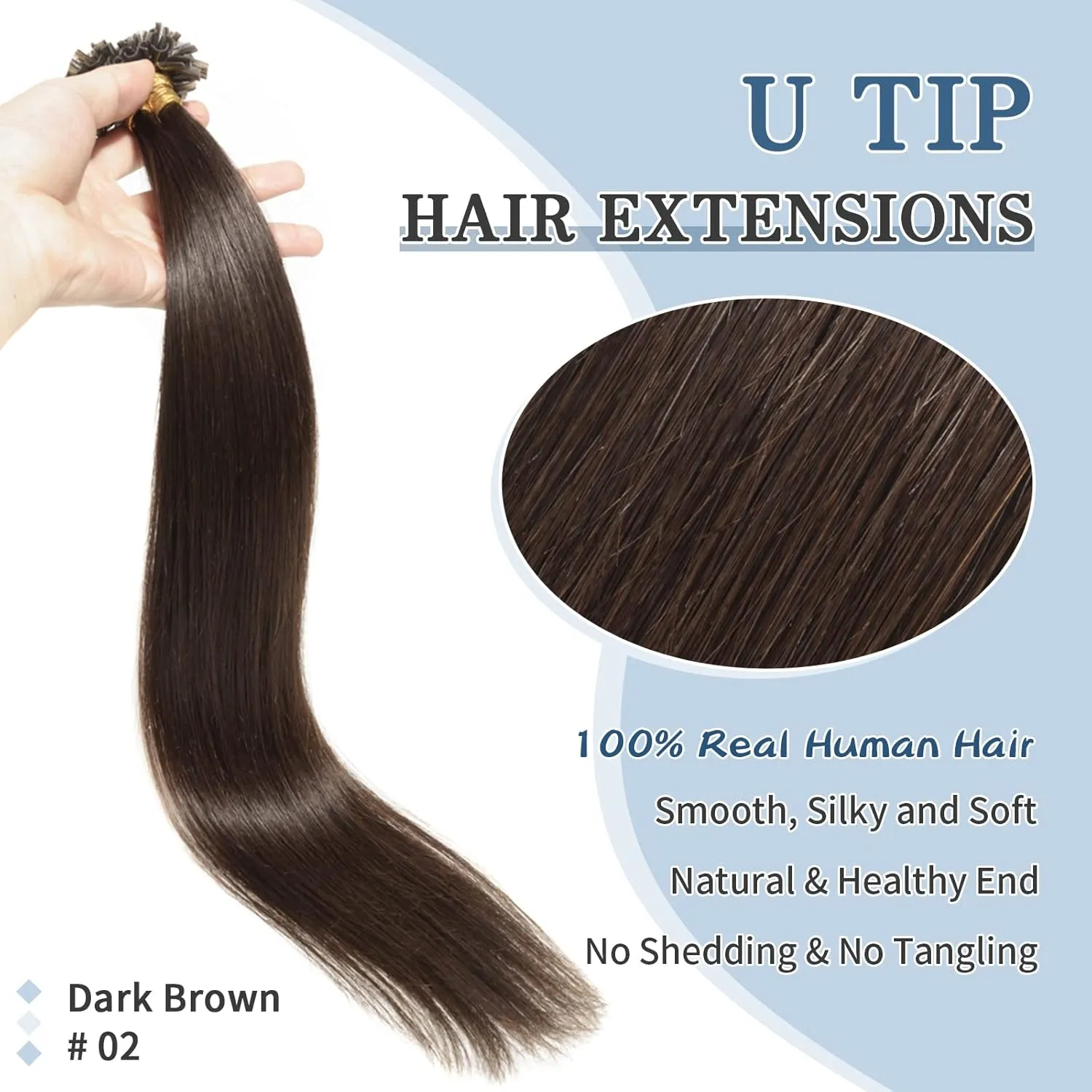 Benehair U Tip Hair Extensions Real Human Hair #2 Dark Brown Straight 20 Inch Keratin Hair Extensions Hot Fusion for Women 100 Strands Pre Bonded Silky Invisible Remy Human Hair 50g