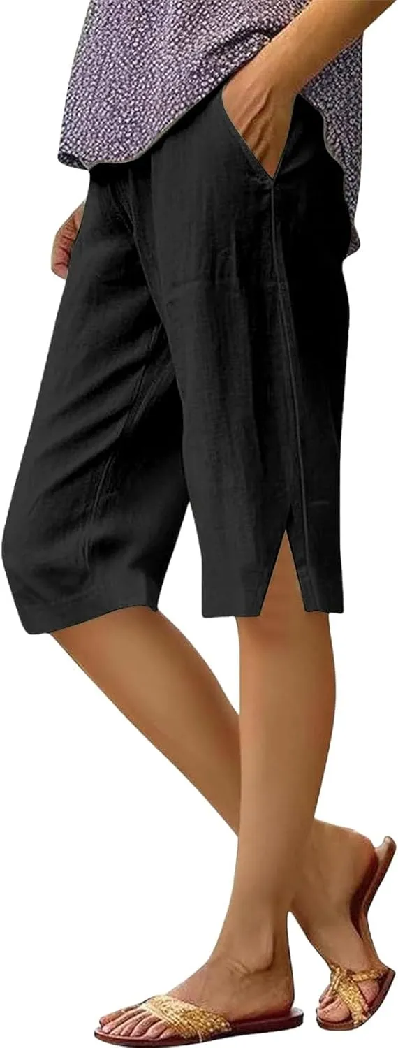 Bermuda Shorts for Women Knee Length Cotton Linen Elastic Waist Mid Thigh Shorts Summer Plus Size Short with Pockets