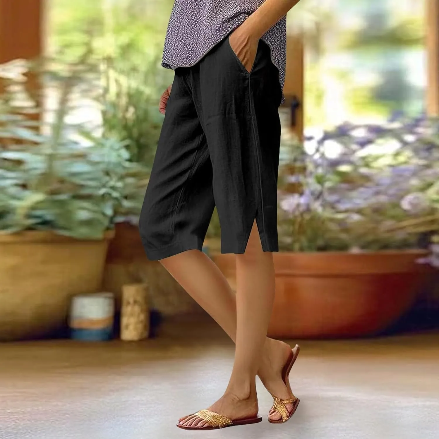 Bermuda Shorts for Women Knee Length Cotton Linen Elastic Waist Mid Thigh Shorts Summer Plus Size Short with Pockets
