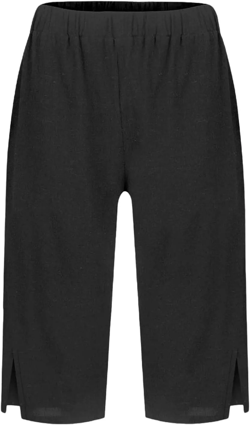 Bermuda Shorts for Women Knee Length Cotton Linen Elastic Waist Mid Thigh Shorts Summer Plus Size Short with Pockets