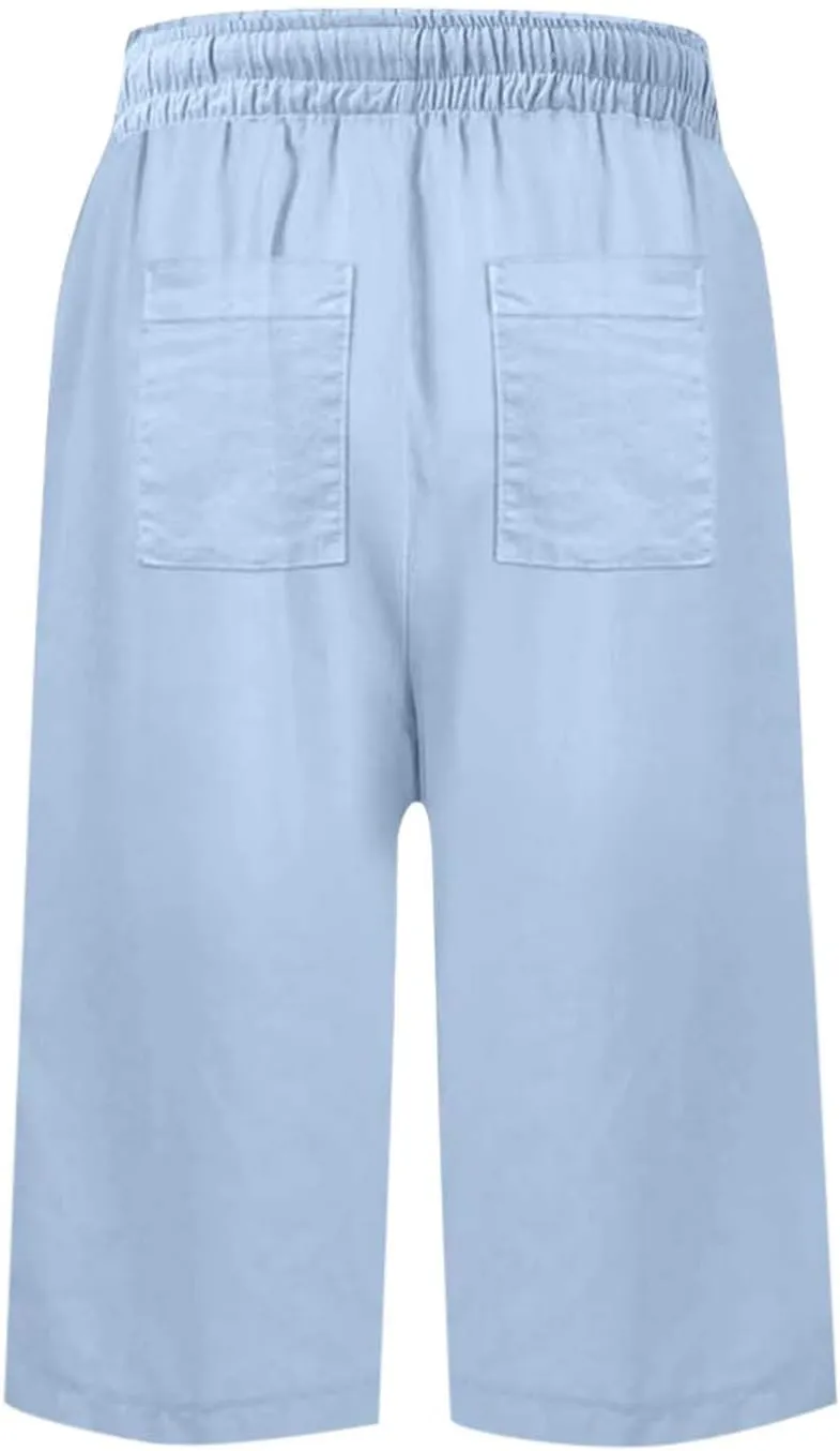 Bermuda Shorts for Women Knee Length Cotton Linen Short Pants Elastic Waist Summer Beach Vacation Shorts with Pocket
