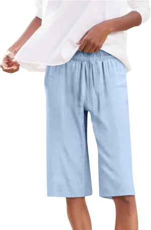 Bermuda Shorts for Women Knee Length Cotton Linen Short Pants Elastic Waist Summer Beach Vacation Shorts with Pocket