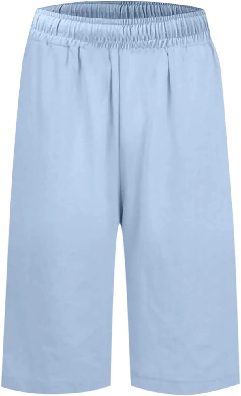 Bermuda Shorts for Women Knee Length Cotton Linen Short Pants Elastic Waist Summer Beach Vacation Shorts with Pocket