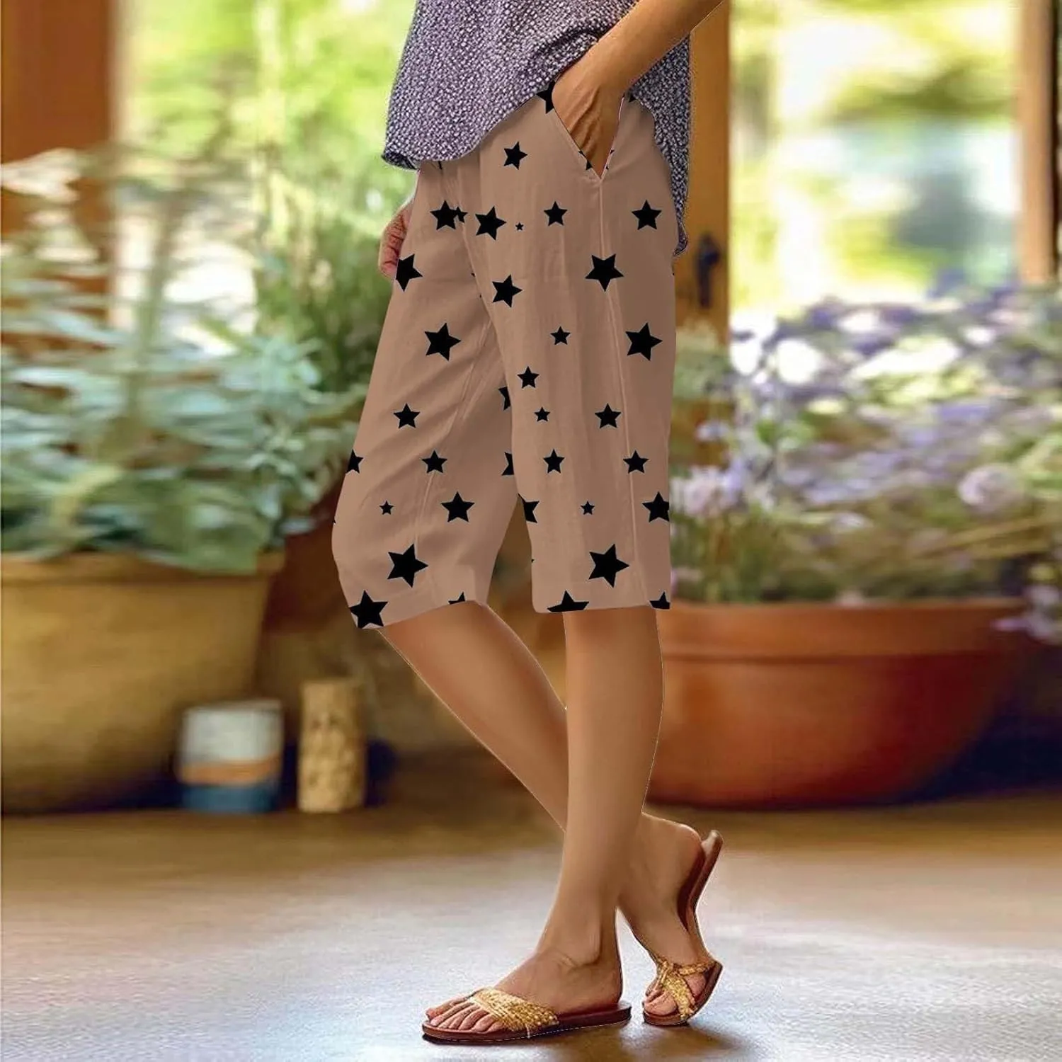 Bermuda Shorts for Women Knee Length Summer Linen Shorts Lightweight Loose Casual Mid Thigh Short Pants with Pockets