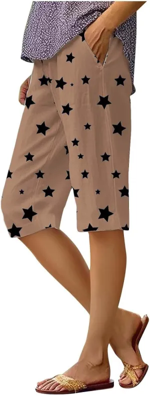 Bermuda Shorts for Women Knee Length Summer Linen Shorts Lightweight Loose Casual Mid Thigh Short Pants with Pockets