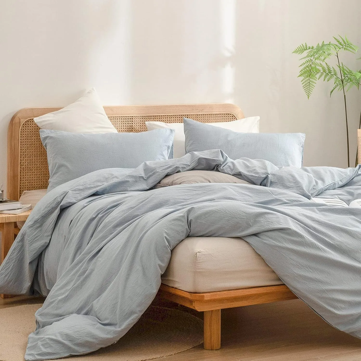BESTOUCH Duvet Cover Set 100% Washed Cotton Linen Feel Super Soft Comfortable Chic Lightweight 3 PCs Home Bedding Set Cornflower Blue King