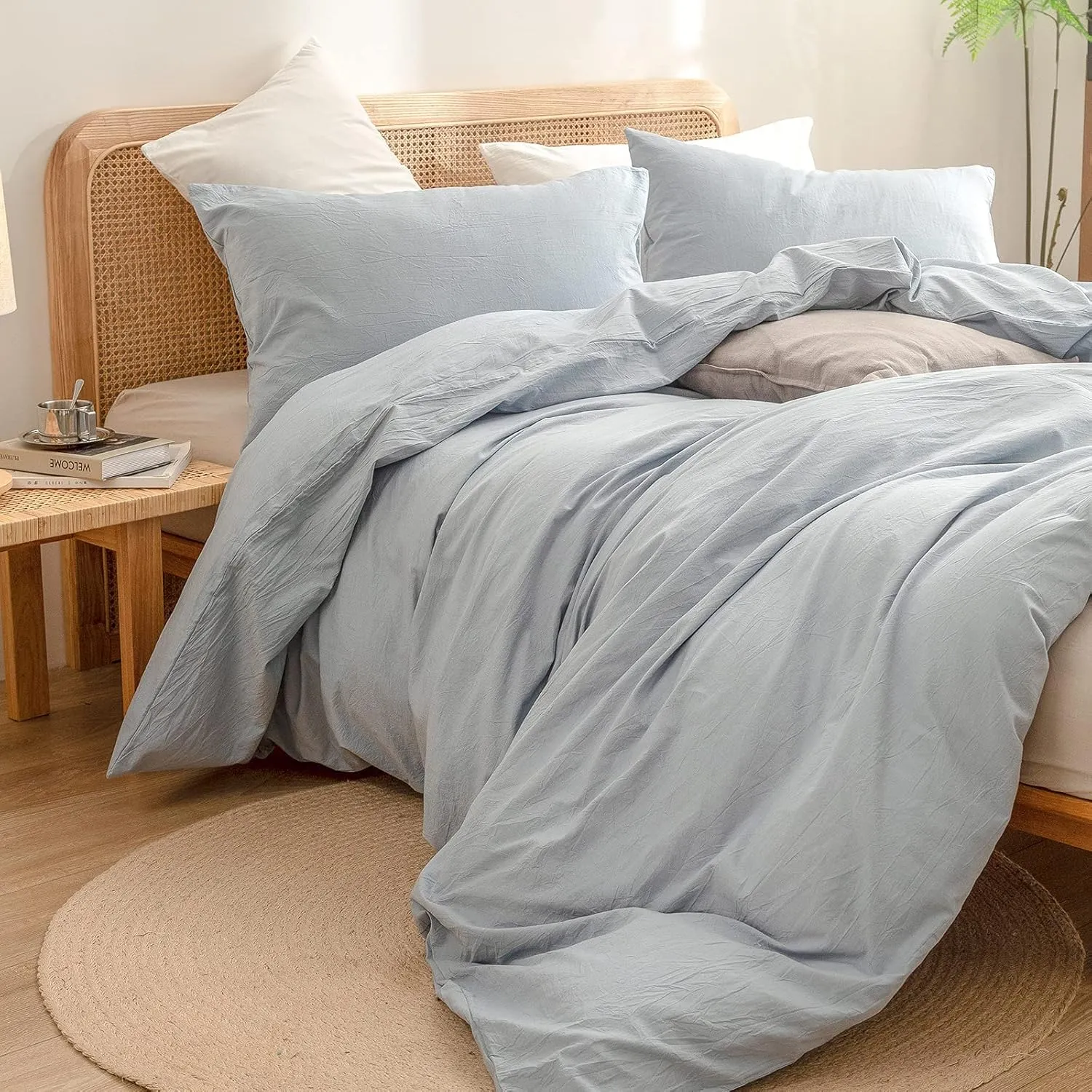 BESTOUCH Duvet Cover Set 100% Washed Cotton Linen Feel Super Soft Comfortable Chic Lightweight 3 PCs Home Bedding Set Cornflower Blue King