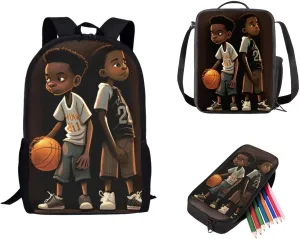 Black African Boy Backpack with Lunch Box for Kids Bookbag Set Age 6-8/10-12 Elementary Middle School Bags Black Boys Basketball Backpacks for 2Nd/3rd/4th Grade Lunch Bag Small Pencil Case