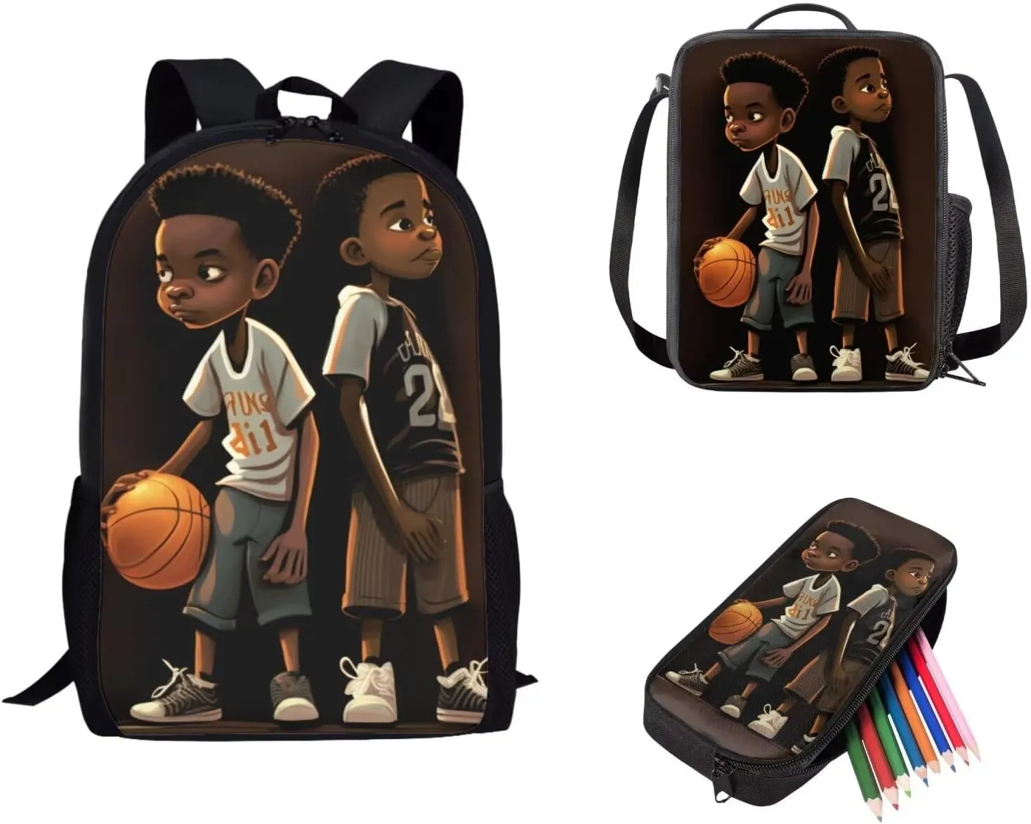 Black African Boy Backpack with Lunch Box for Kids Bookbag Set Age 6-8/10-12 Elementary Middle School Bags Black Boys Basketball Backpacks for 2Nd/3rd/4th Grade Lunch Bag Small Pencil Case