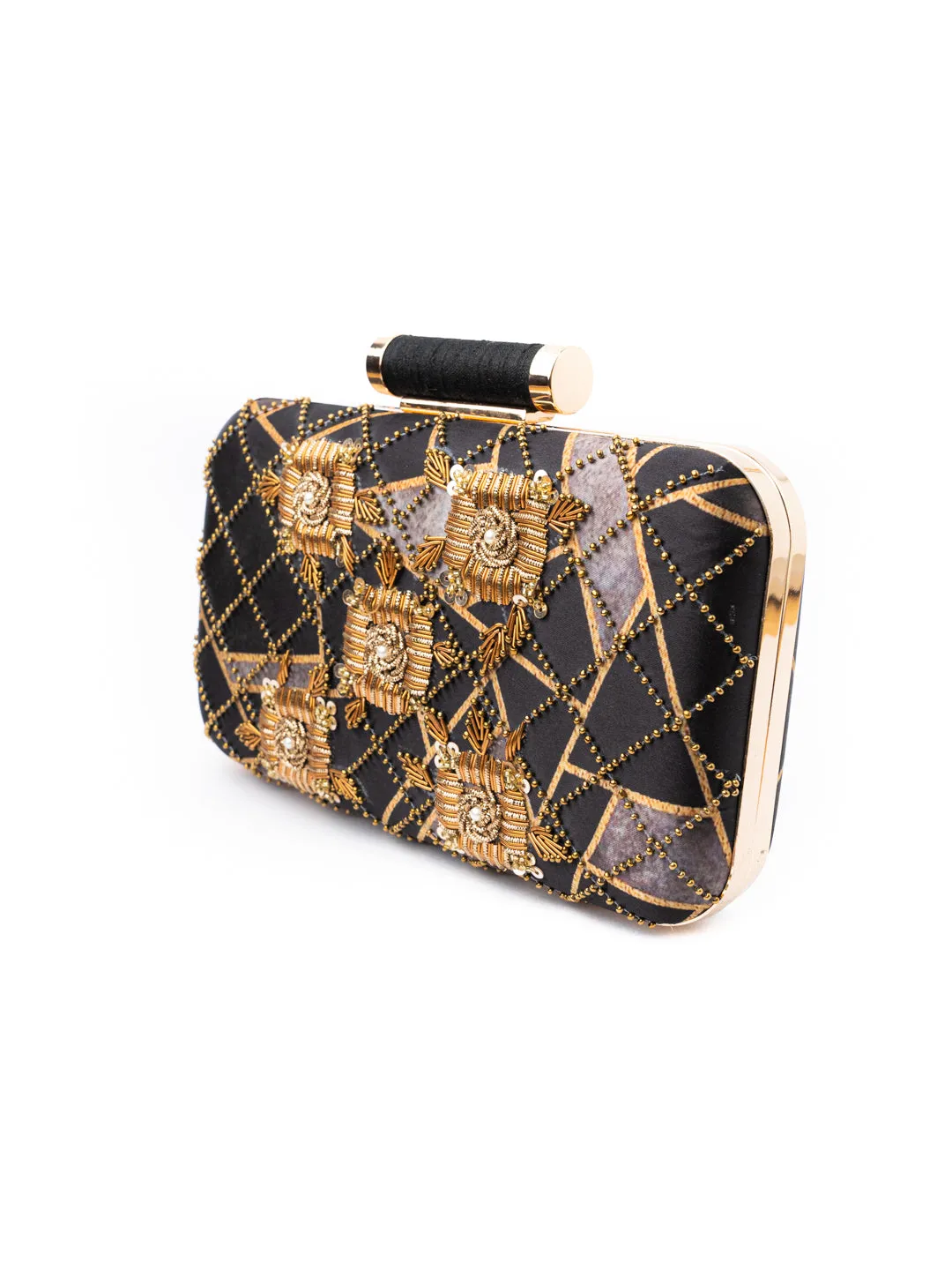 Black & Gold-Toned Embroidered Embellished Box Clutch