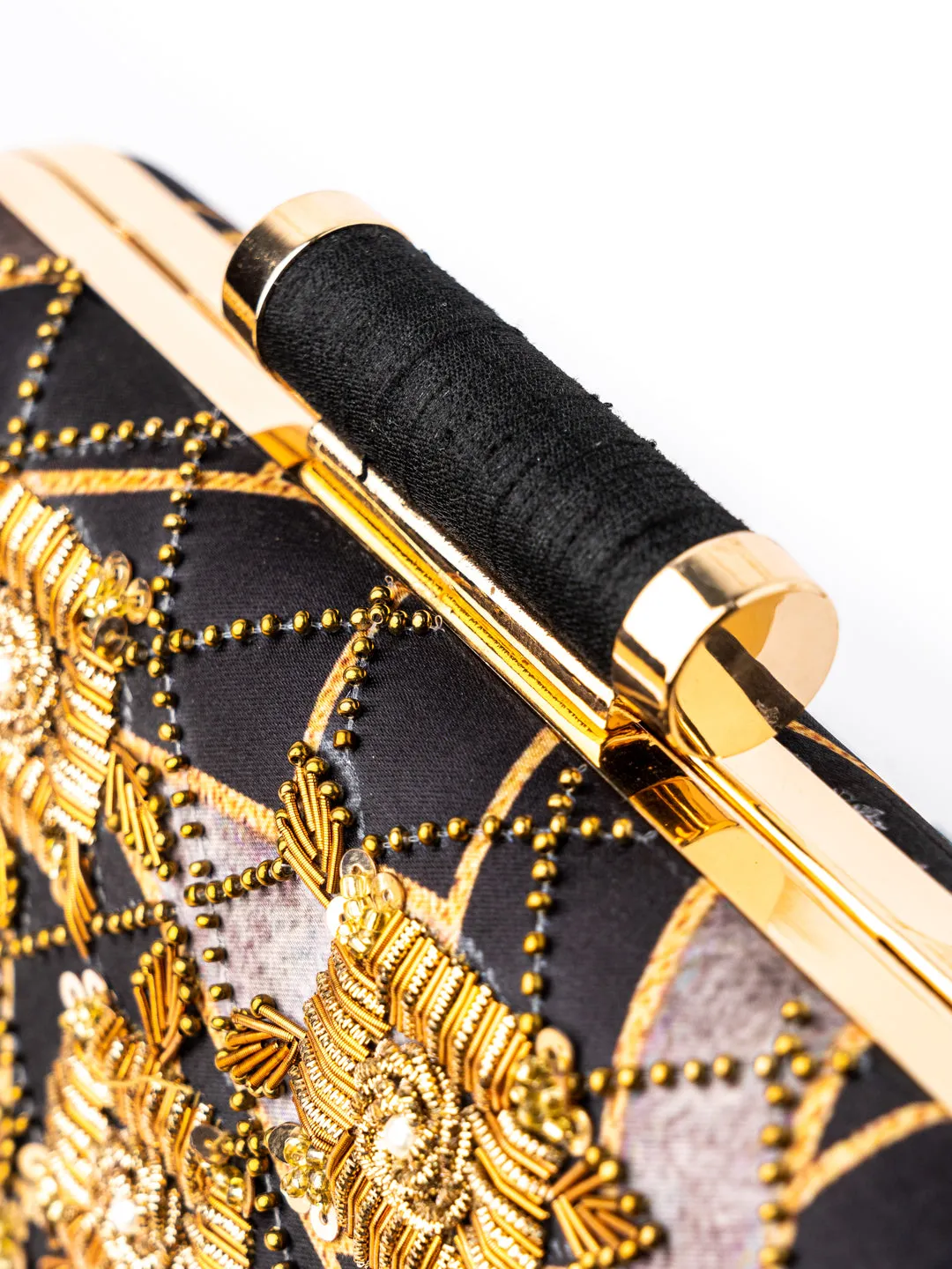 Black & Gold-Toned Embroidered Embellished Box Clutch