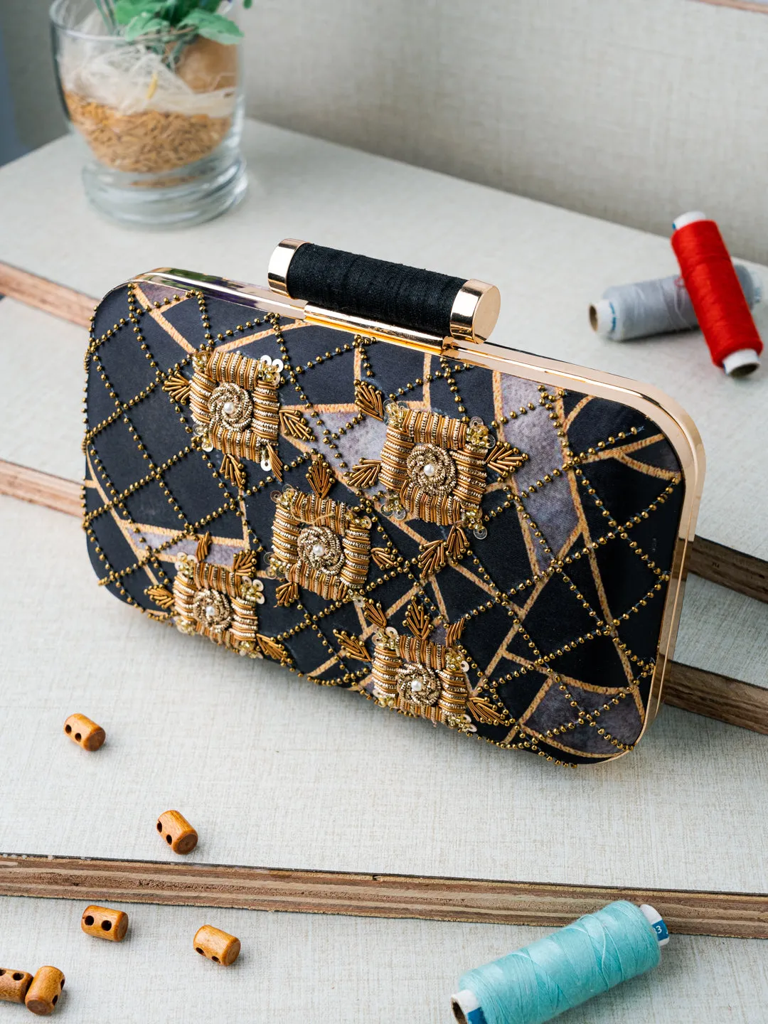 Black & Gold-Toned Embroidered Embellished Box Clutch