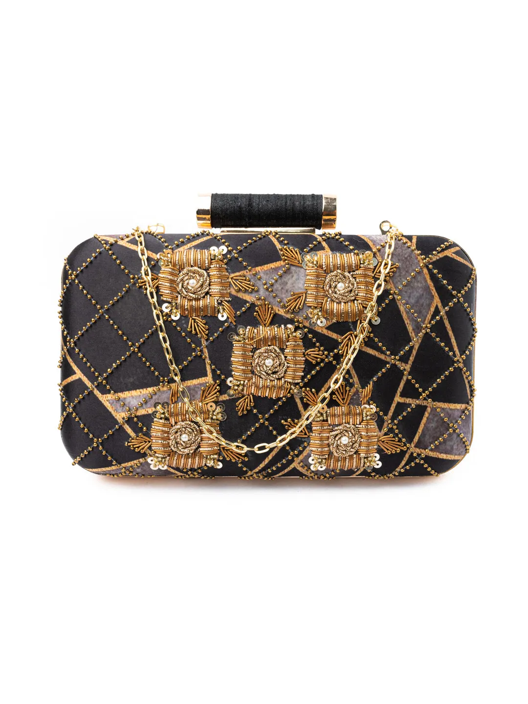 Black & Gold-Toned Embroidered Embellished Box Clutch