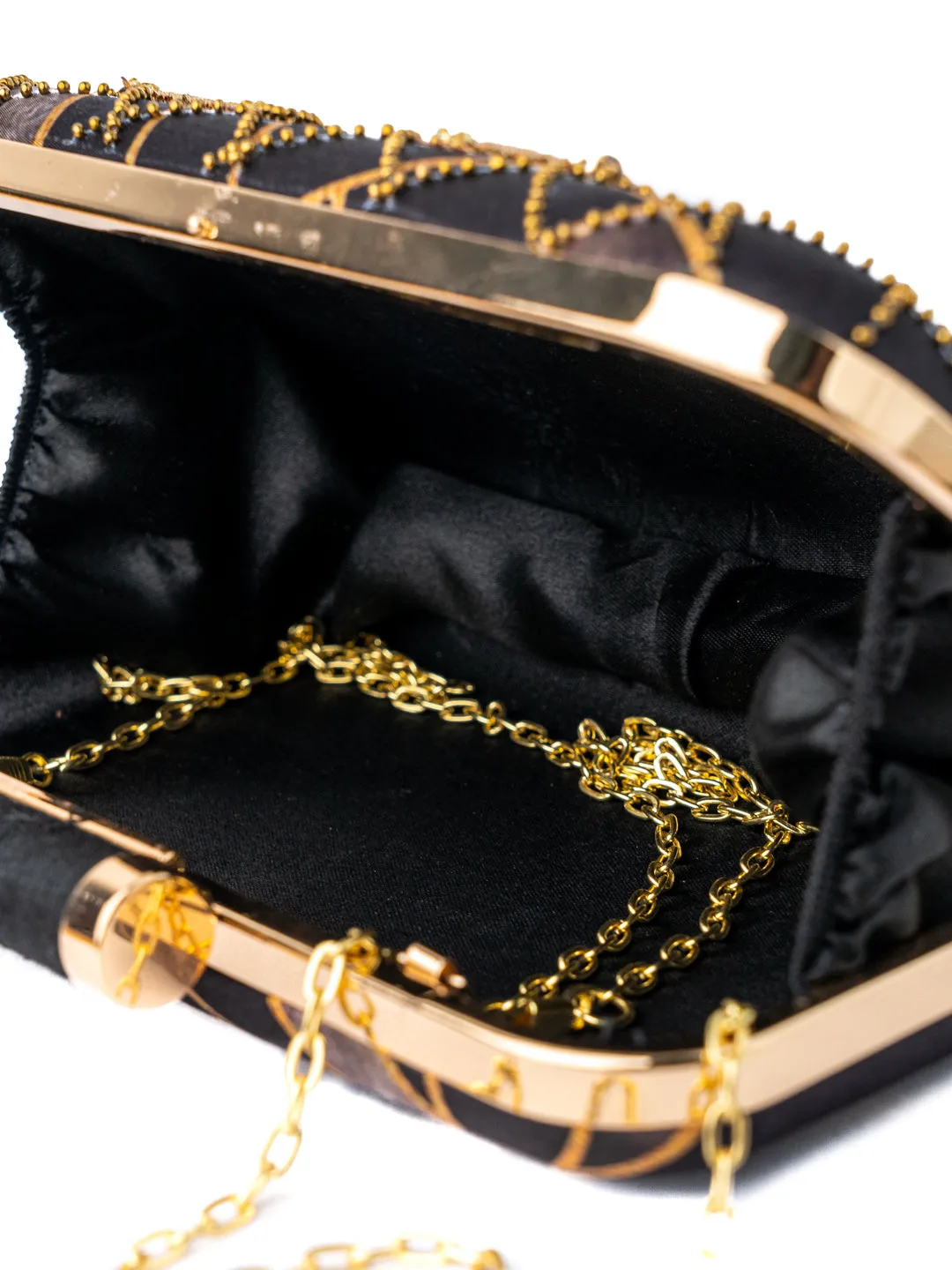 Black & Gold-Toned Embroidered Embellished Box Clutch