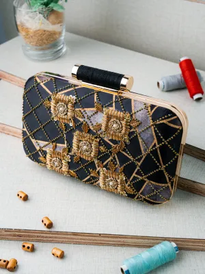 Black & Gold-Toned Embroidered Embellished Box Clutch