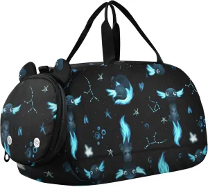 Black Axolotl Stars Sports Duffle Bag for Girls Boys, Gym Bag with Shoe Compartment, Kids Travel Overnight Weekender Shoulder Bag