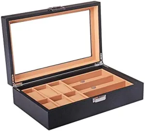 Black Carbon Fiber Watch Bracelet Glasses Storage Box - Multi-Function Jewelry Display Case for Women Men - Transparent Cover Organizer Gift Box