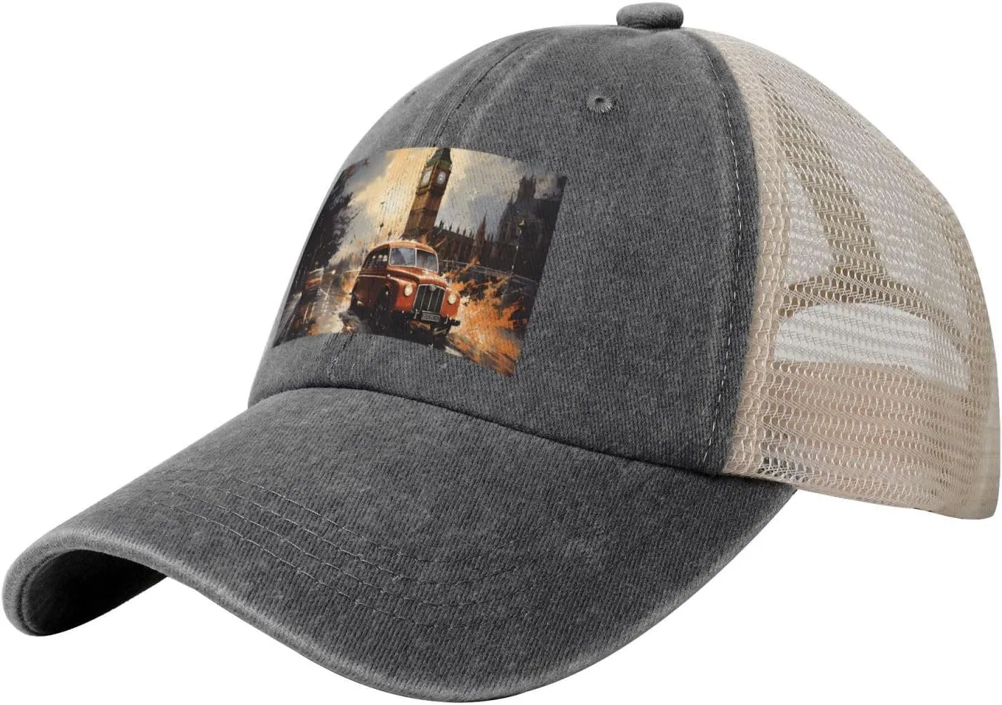 Black Men Women Denim Mesh Baseball Cap - London Color Taxi Print Breathable Trucker Hat, for Casual Outdoor Sunshade Caps